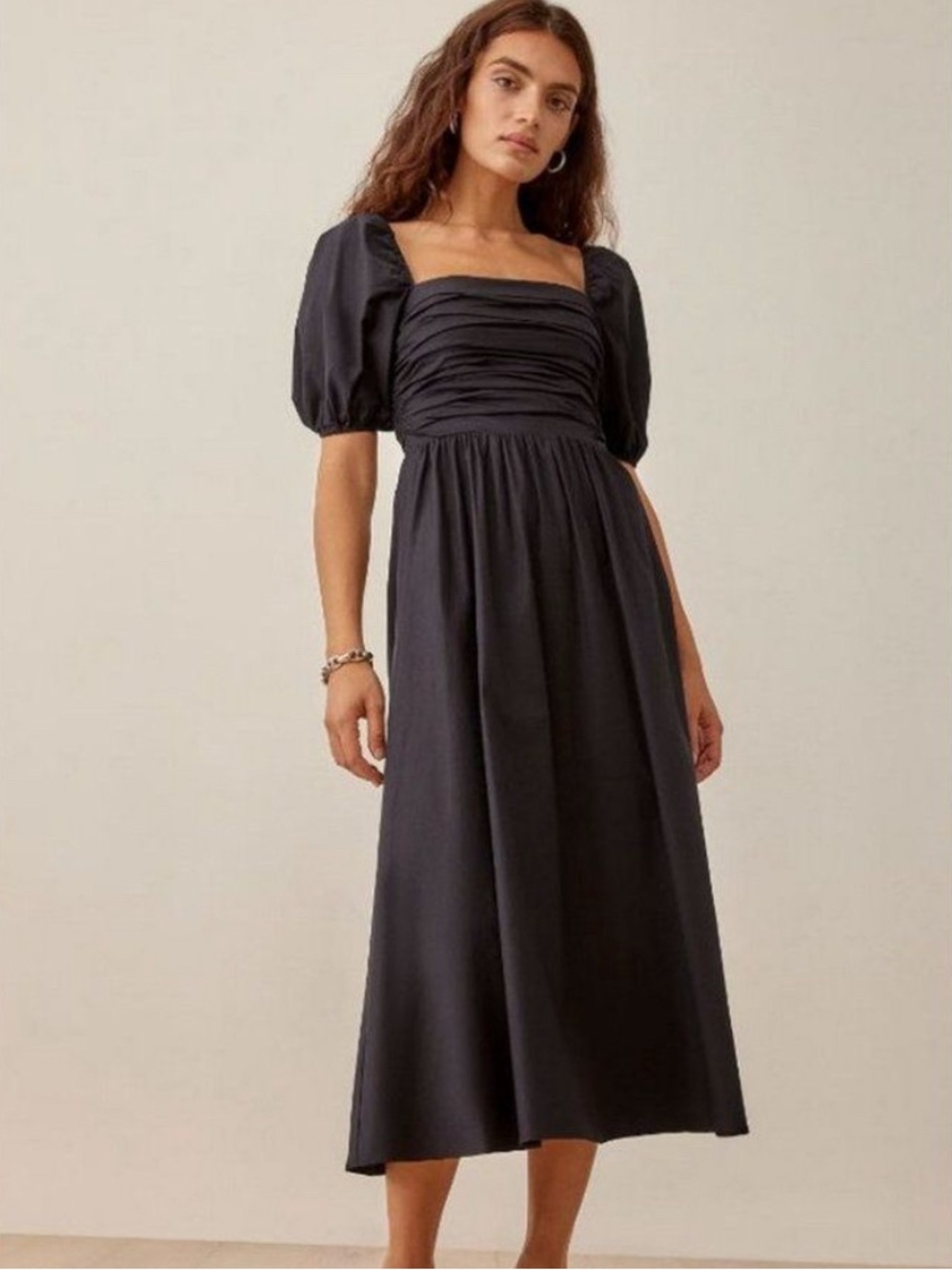 Reformation Rachelle Midi Dress Black Size 6 Puff Sleeve with smocking.